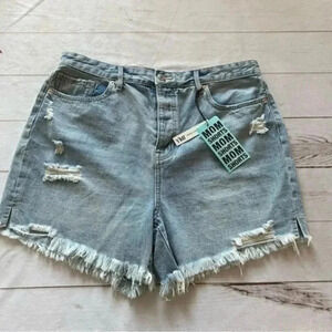 YMI Mom Fit High Rise Button Fly Distressed Frayed Light Denim Shorts 17…